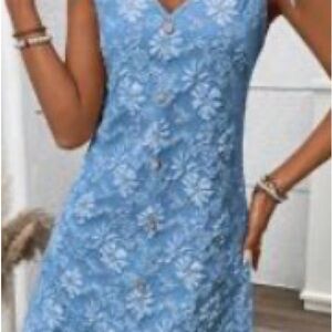 Light Blue Floral Lace Button-Front Dress